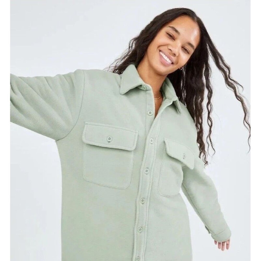 Aritzia TNA Polar Fleece Jacket Dusky Green Quilted Puffy Jacket Small (1) EUC